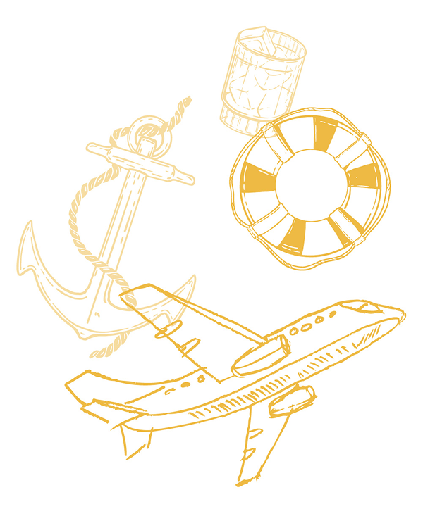 Icon of an airplane, anchor, and beach float representing first-class flights for two as part of the prize package.